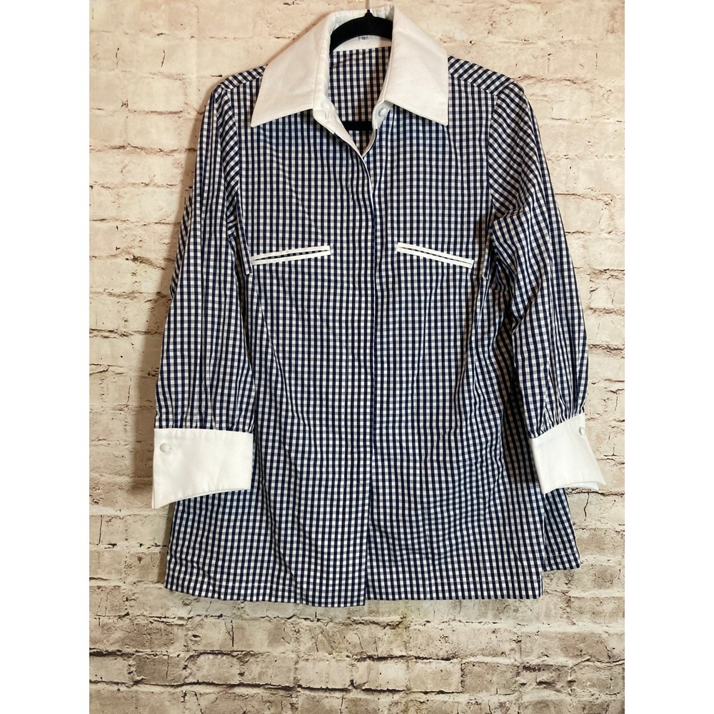 Vintage Lorain Croft Top Small Navy Blue Gingham Plaid Cottage Core Prairie